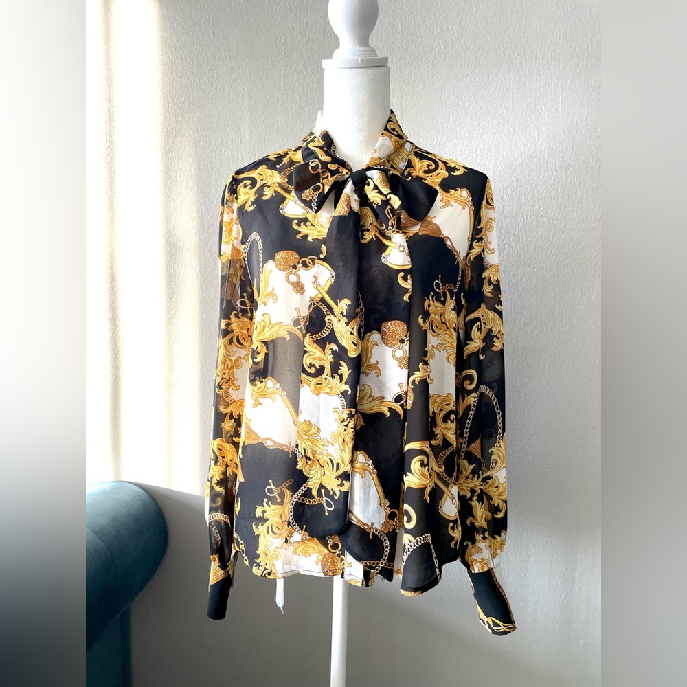 All over print button front blouse, casual long sleeve shirt